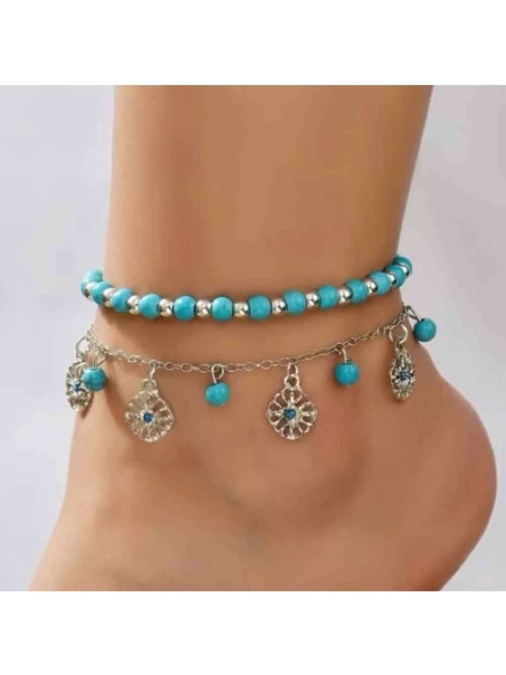 Boho Bohemian Silver Toned Turquoise Beaded Anklet